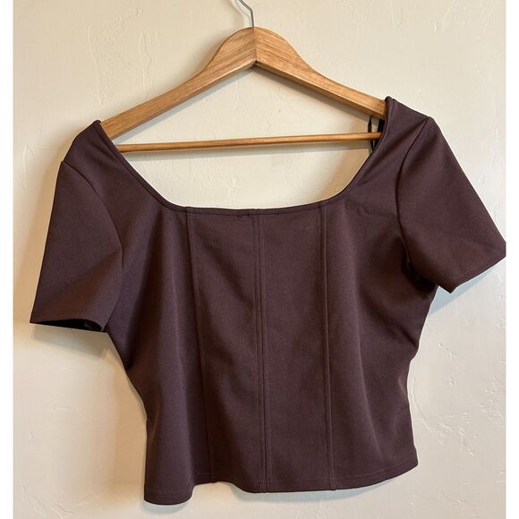NEW! Sadie & Sage Square Neck Cropped Seamed Corset Knit Top Choc Brown L NWT - Picture 2 of 7
